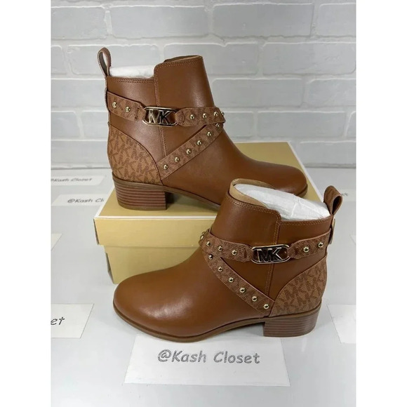 Michael Kors Kincaid Leather and Studded Logo Ankle Boot - Luggage Size-7M - Picture 1 of 12